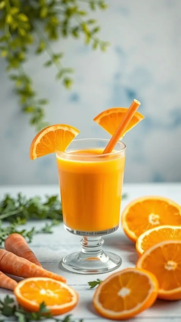 A refreshing carrot orange smoothie in a glass, garnished with orange slices, surrounded by fresh carrots and orange slices.