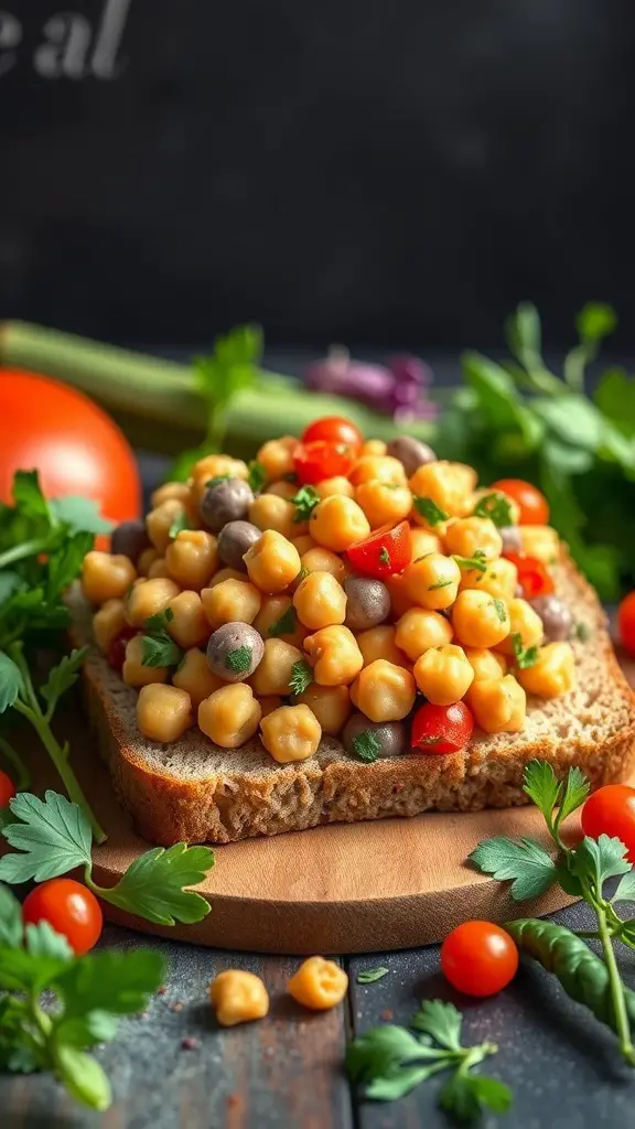 Chickpea salad sandwich with colorful chickpeas, tomatoes, and herbs on whole grain bread