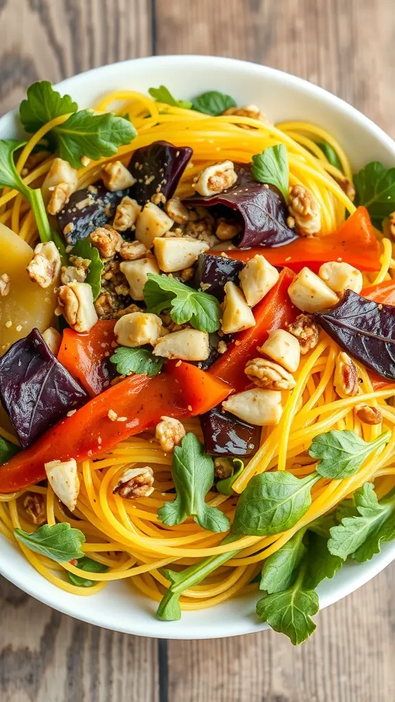 A bowl of Sweet and Spicy Spaghetti Squash Salad with colorful vegetables and nuts.