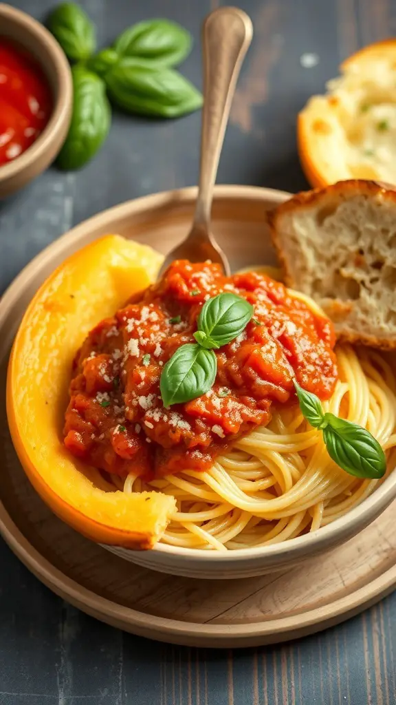 A bowl of spaghetti squash topped with marinara sauce and fresh basil, served with a piece of bread.