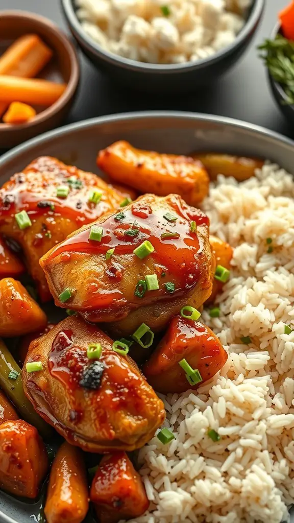 A plate of honey garlic chicken thighs served with rice and vegetables.