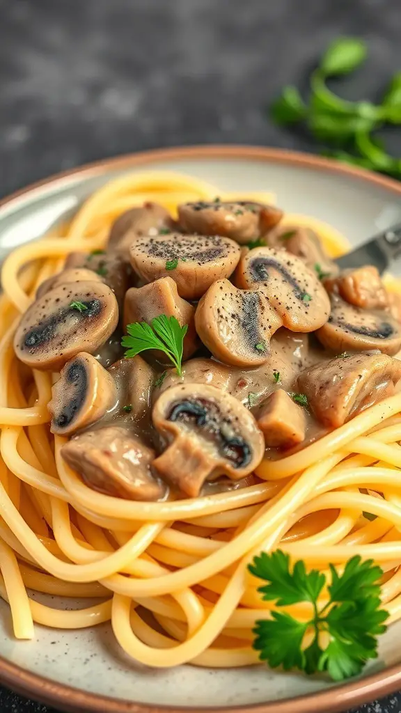 A plate of spaghetti topped with creamy mushroom stroganoff sauce and garnished with parsley.