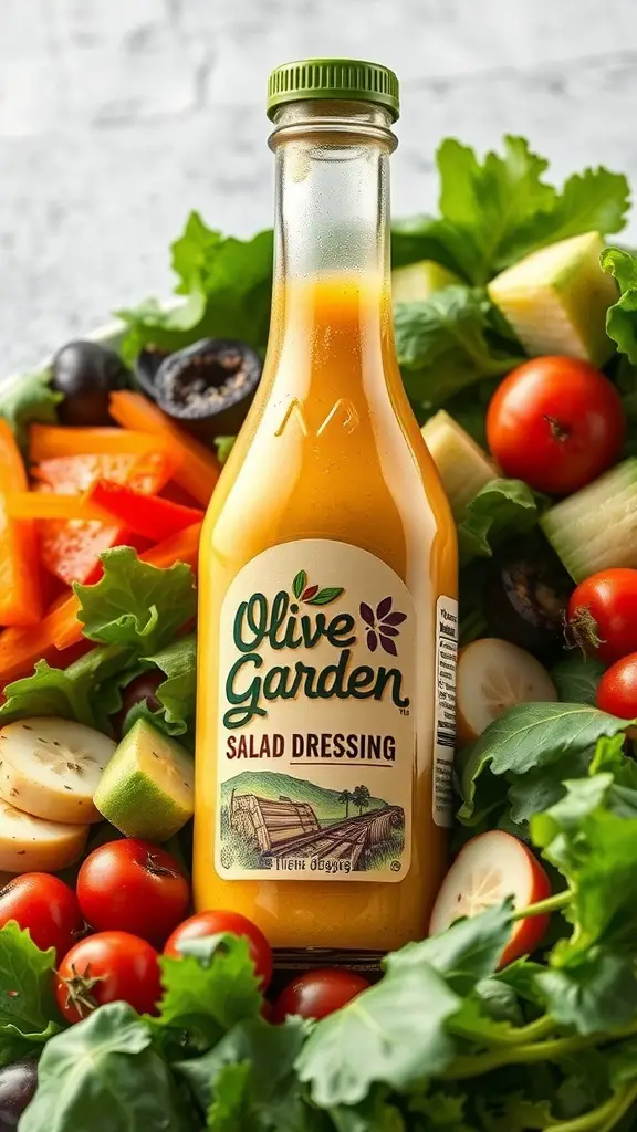 Bottle of Olive Garden salad dressing surrounded by fresh vegetables