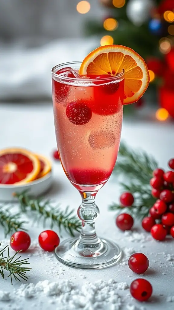 A glass of Cranberry Citrus Sparkler mocktail garnished with an orange slice and cranberries, with festive decorations in the background.