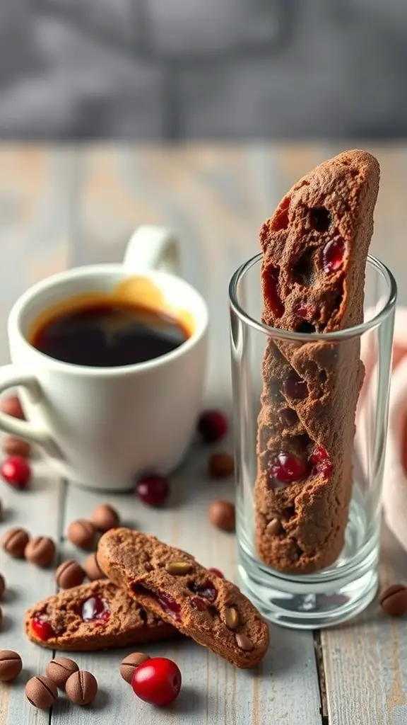 Chocolate cranberry biscotti with coffee and scattered coffee beans