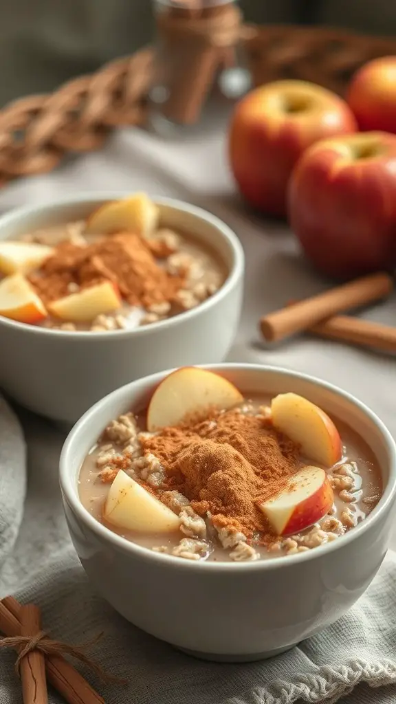 Warm apple cinnamon oatmeal bowls topped with apple slices and cinnamon