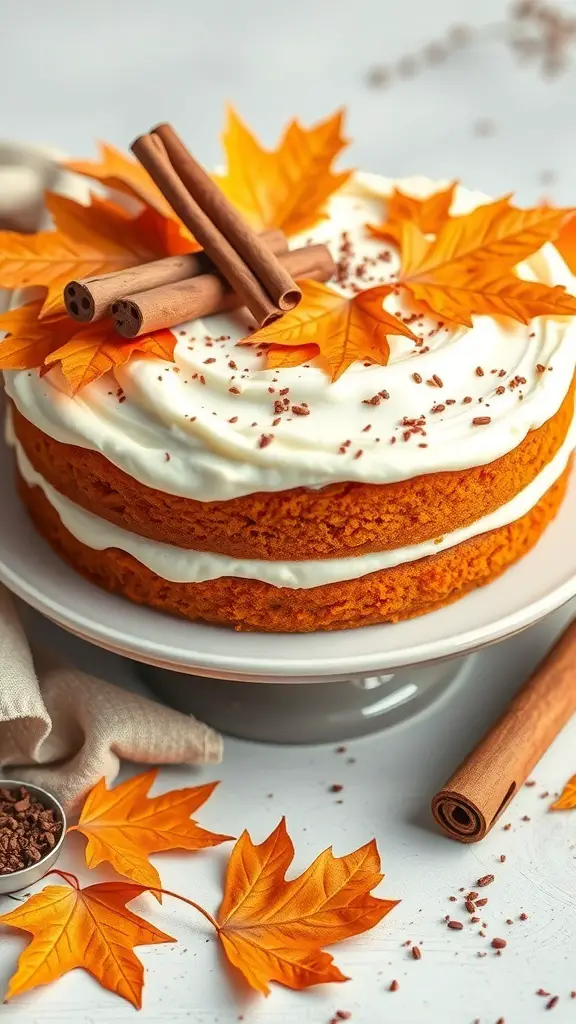 A spiced pumpkin cake with cream cheese frosting, decorated with cinnamon sticks and autumn leaves.