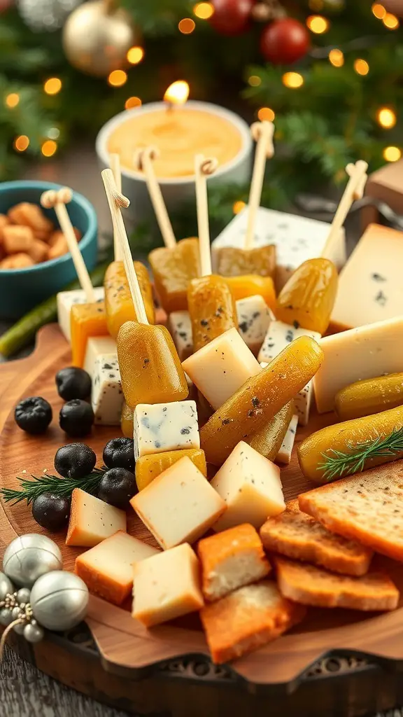 A platter of cheese and pickle skewers with various cheeses and pickles, decorated for a festive occasion.