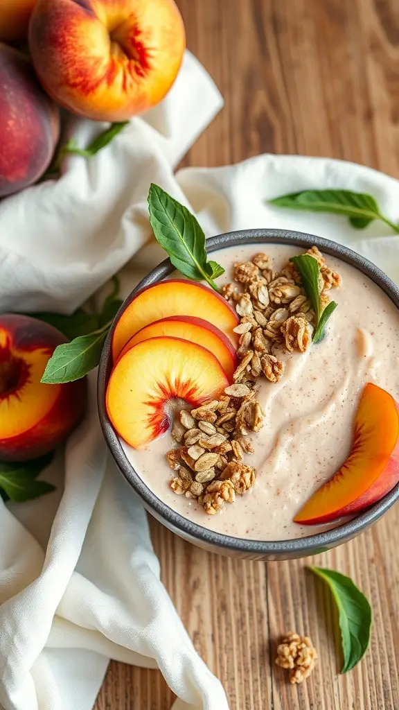 A delicious peach smoothie bowl topped with sliced peaches, granola, and mint leaves, with fresh peaches in the background.