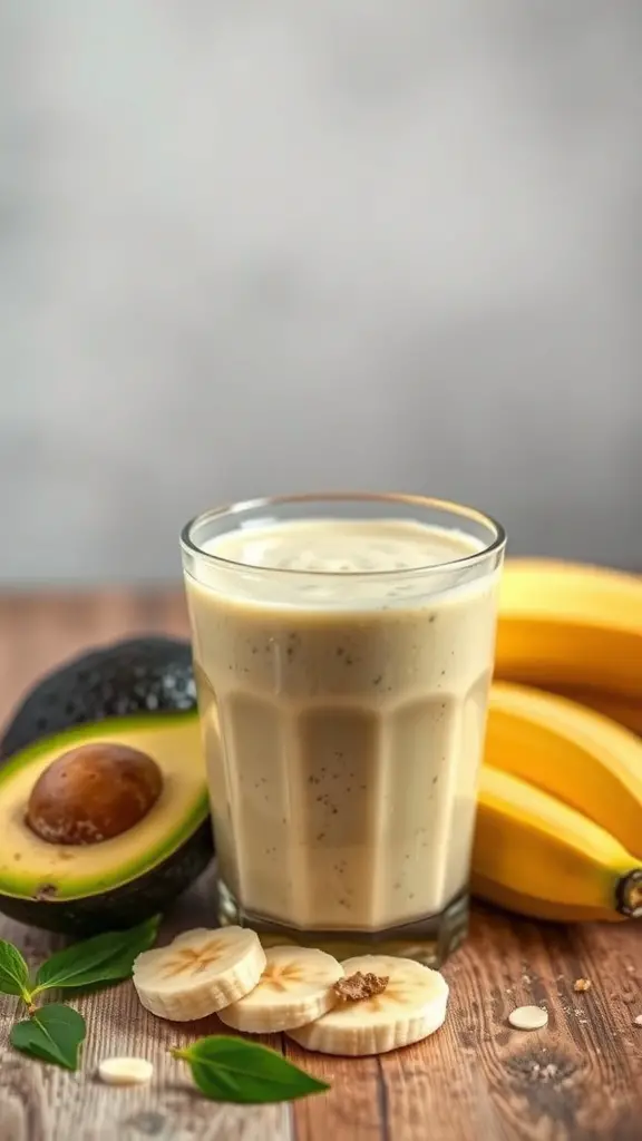A glass of creamy avocado banana smoothie with bananas and avocado in the background
