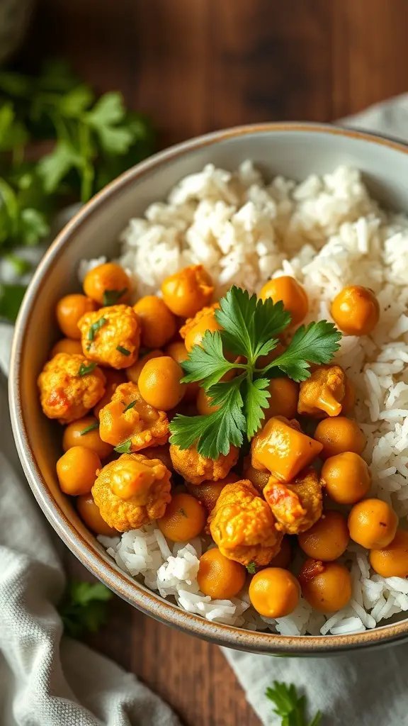 A bowl of curried cauliflower and chickpeas served over rice, garnished with cilantro.