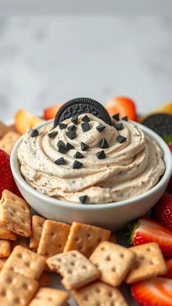 A bowl of Oreo Cookie Dough Dip topped with chocolate chips and an Oreo, surrounded by strawberries and crackers.