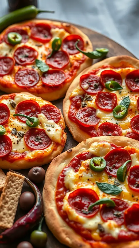 A close-up of mini pizzas topped with pepperoni and jalapeños on a wooden board.