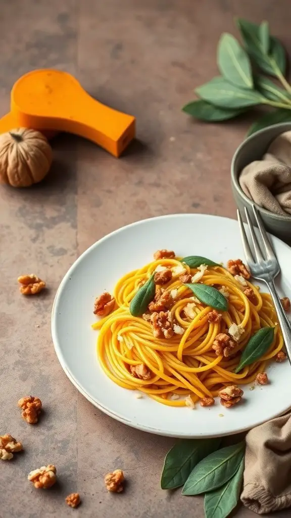 A plate of roasted butternut squash pasta garnished with sage and walnuts.