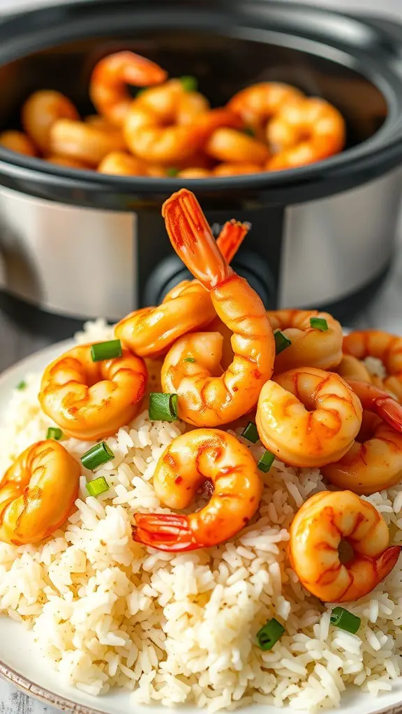Honey garlic shrimp served over rice with green onions