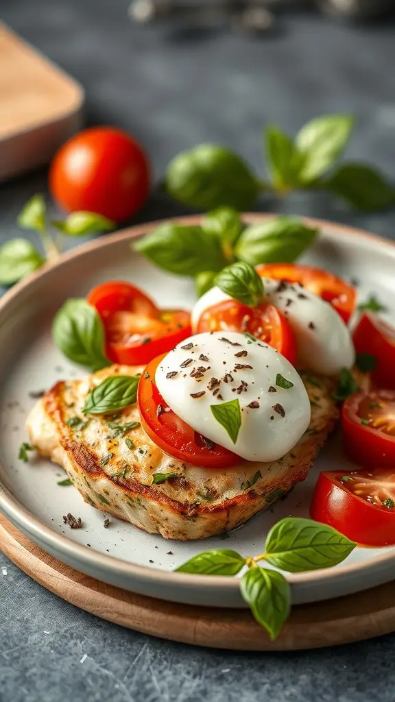 A plate of Pesto Caprese Chicken with tomatoes, mozzarella, and basil.