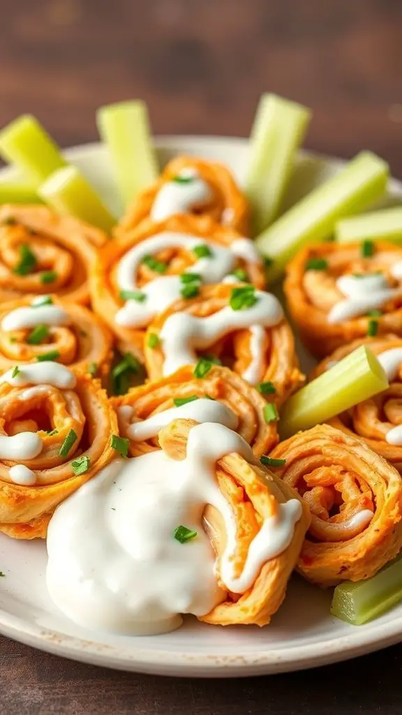 A plate of buffalo chicken pinwheels with celery sticks and ranch dressing.
