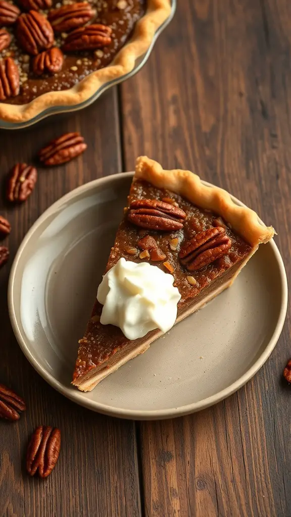 Slice of maple pecan pie with whipped cream on a plate, surrounded by pecans.