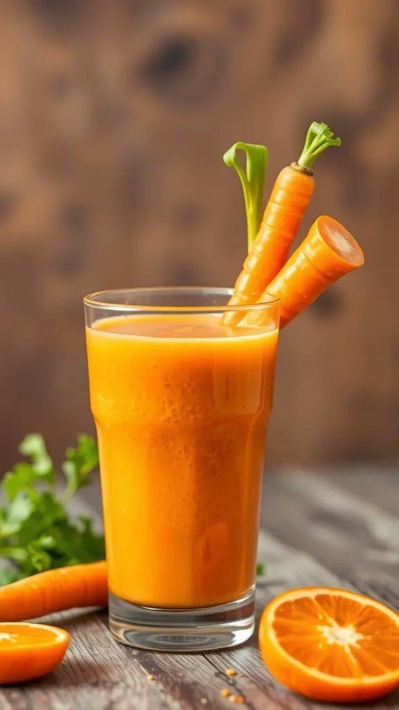 A glass of vibrant orange smoothie made from carrots and oranges, garnished with carrot sticks.