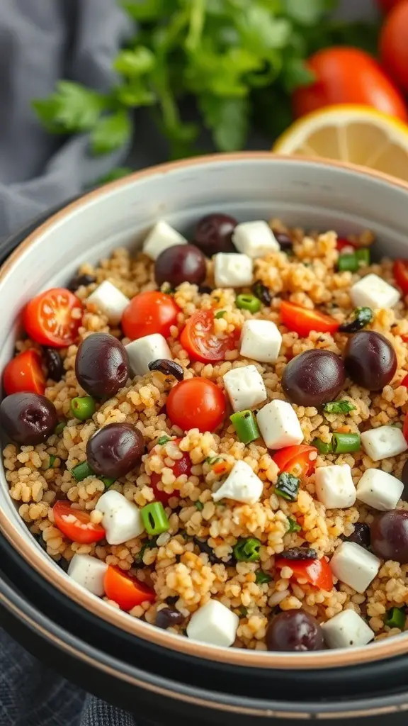 A bowl of Mediterranean Quinoa Salad with cherry tomatoes, black olives, and feta cheese.