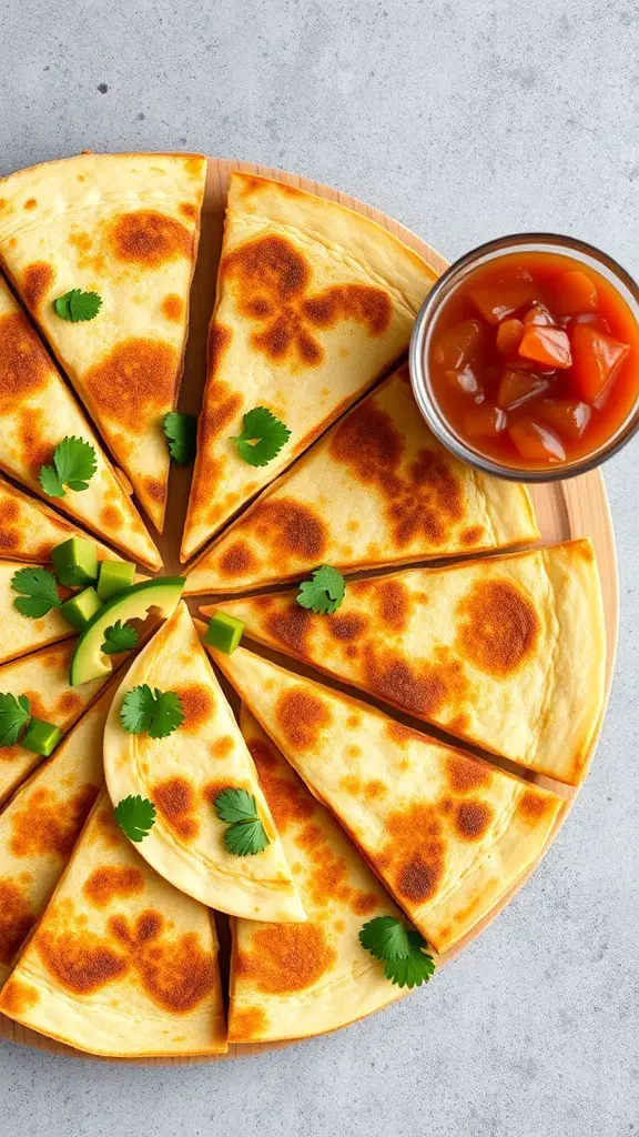 A plate of cheesy chicken quesadillas cut into triangles, garnished with cilantro and served with salsa.