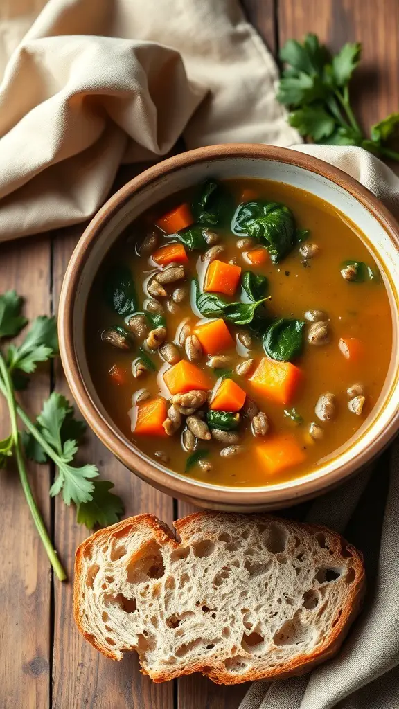 A bowl of lentil soup with spinach and carrots, accompanied by a slice of bread.