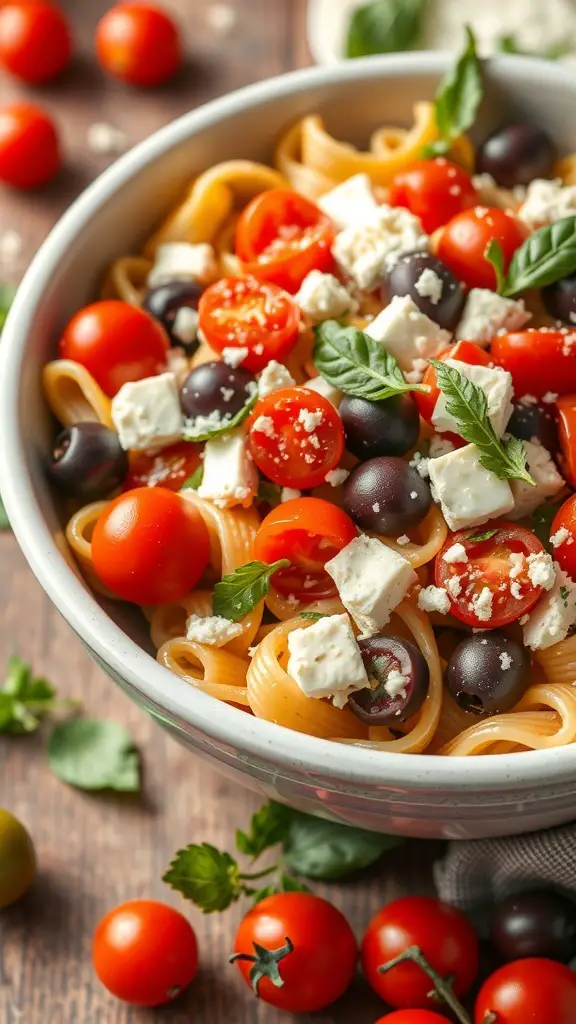 A bowl of Mediterranean Pasta Salad with cherry tomatoes, olives, and feta cheese.