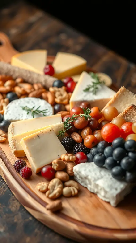 A beautifully arranged savory cheese platter with various cheeses, nuts, and fruits.