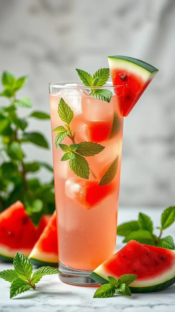 A glass of watermelon mint cooler with mint leaves and watermelon slices around it.