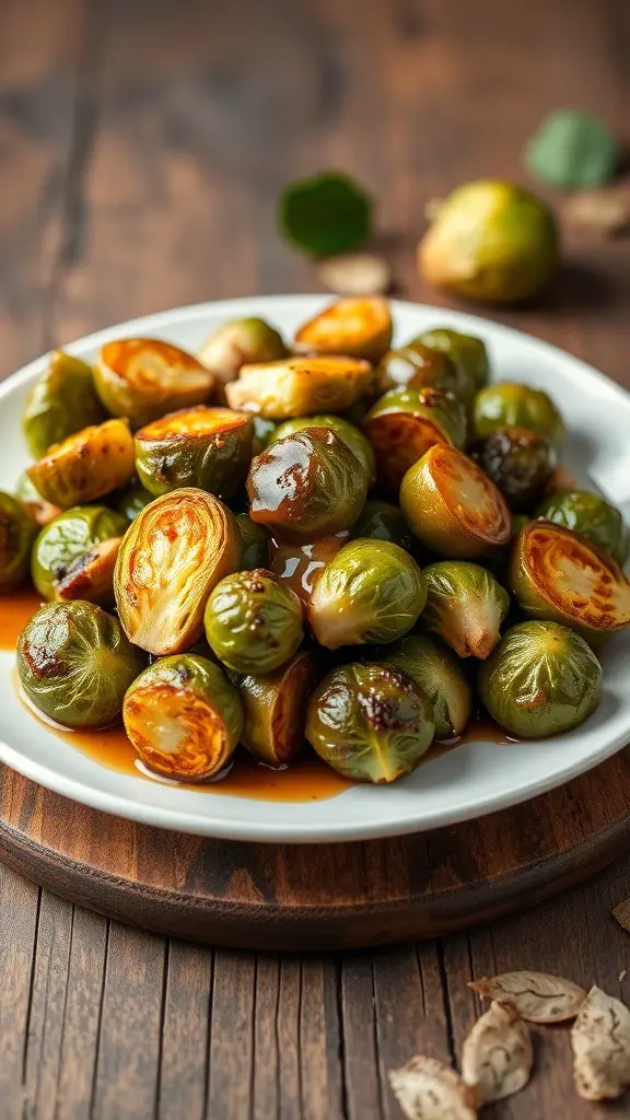 A plate of maple-glazed Brussels sprouts on a wooden table