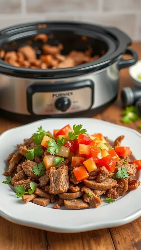 A plate of shredded pork carnitas topped with diced tomatoes and cilantro, with a crockpot in the background.