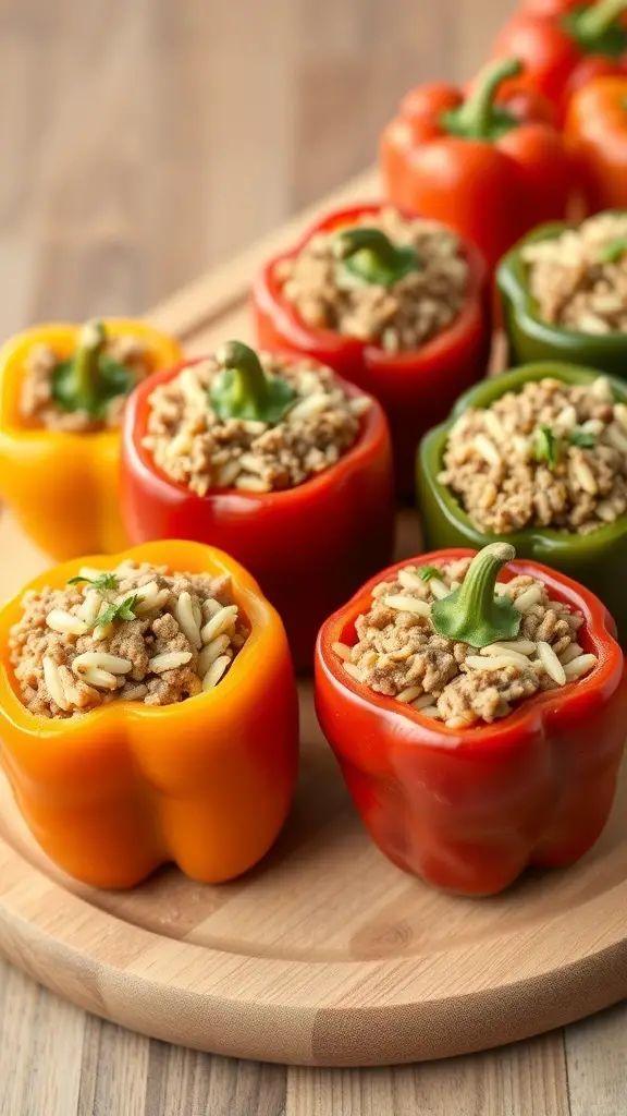 Colorful stuffed bell peppers filled with a savory mixture, ready to be cooked in a crockpot.