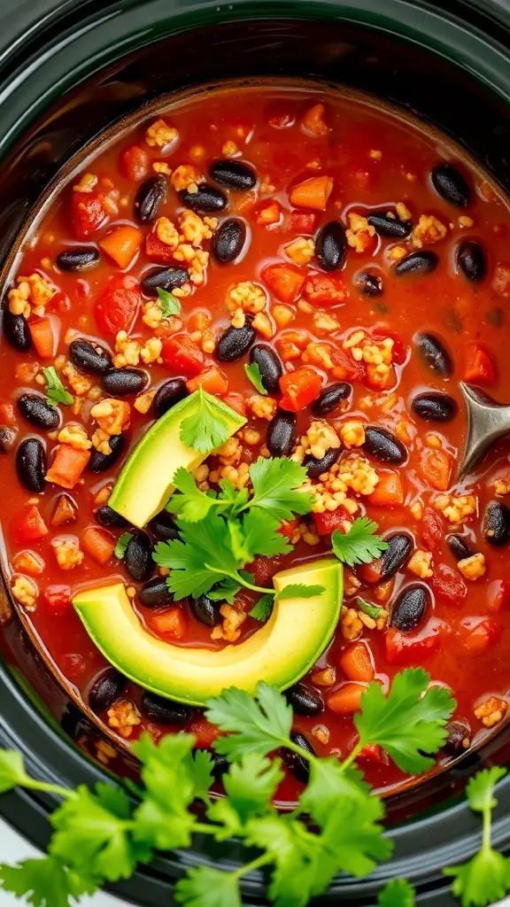 A close-up view of vegetarian quinoa and black bean chili in a crockpot, garnished with avocado and cilantro.