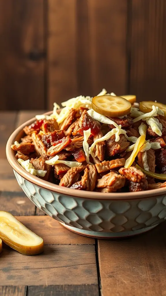 A bowl of BBQ pulled pork topped with coleslaw and pickles