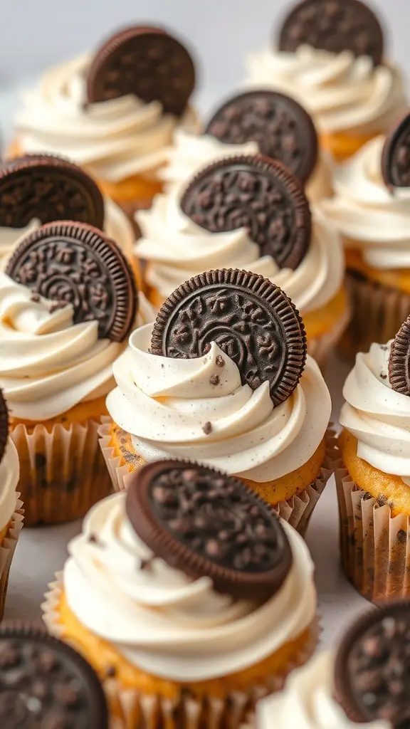 Delicious Oreo cupcakes topped with cream frosting and Oreo cookies