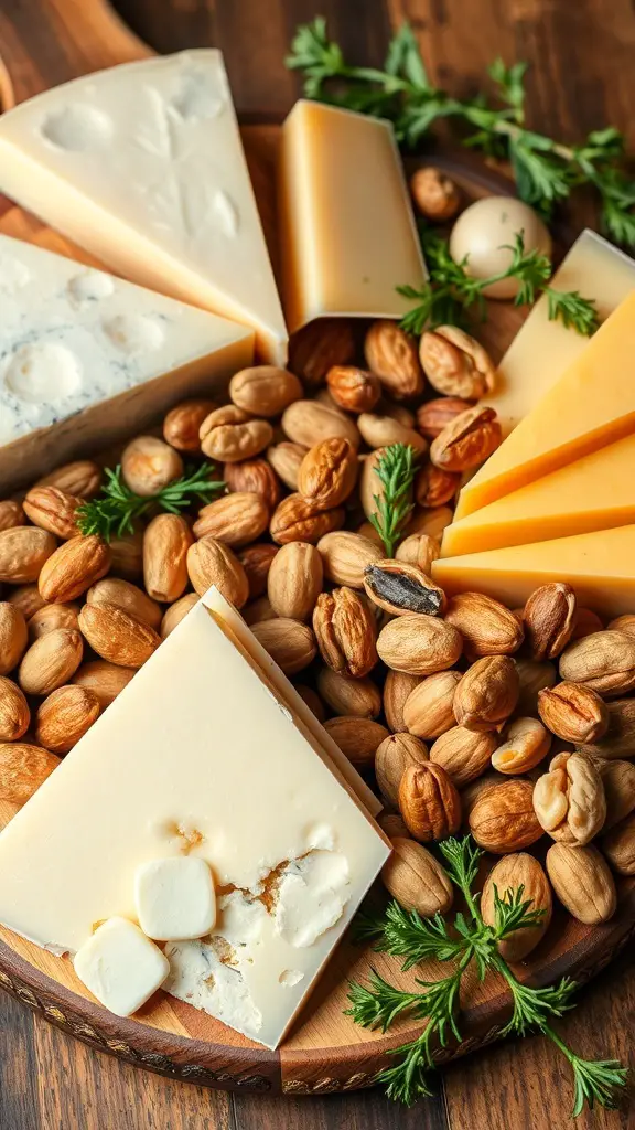 A wooden platter with various cheeses and nuts, garnished with fresh herbs.
