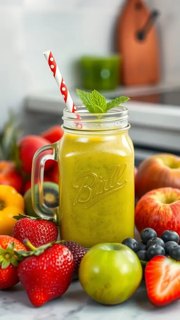 A refreshing fruit smoothie in a mason jar surrounded by fresh fruits.