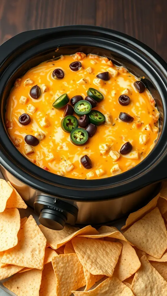 A crockpot filled with loaded nacho cheese dip, topped with jalapeños and olives, surrounded by tortilla chips.