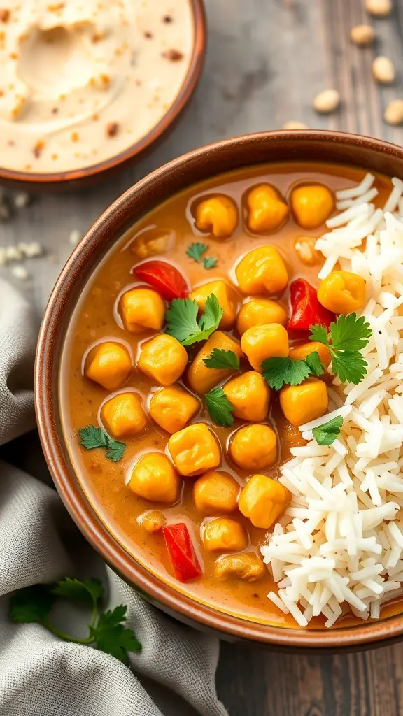A bowl of chickpea curry with coconut milk, served with rice and garnished with cilantro.