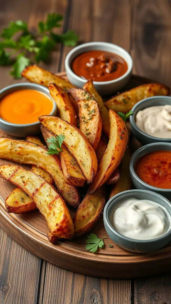 Crispy herbed potato wedges served with various dipping sauces on a wooden platter.