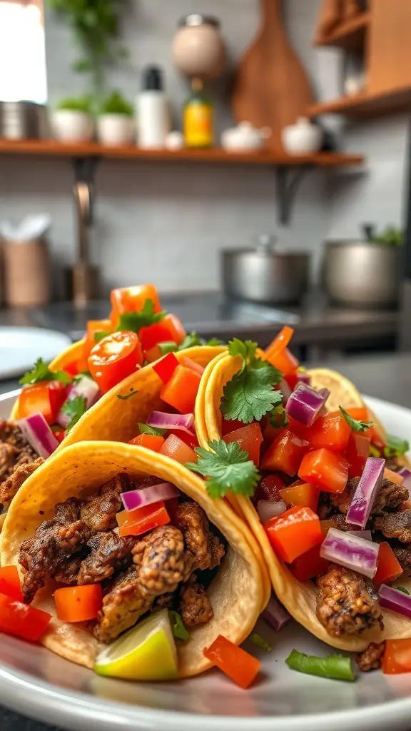 A plate of beef tacos topped with diced tomatoes, onions, and cilantro.
