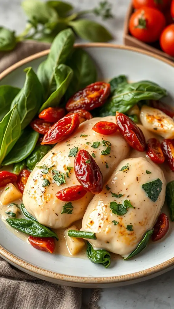 Creamy Tuscan Chicken with spinach and sun-dried tomatoes on a plate