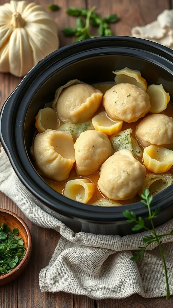Cabbage and potato dumplings in a crockpot with broth and herbs
