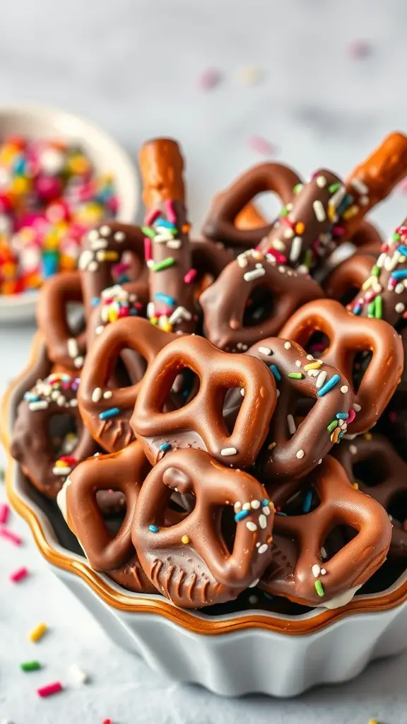 A bowl filled with chocolate-covered pretzels decorated with colorful sprinkles.