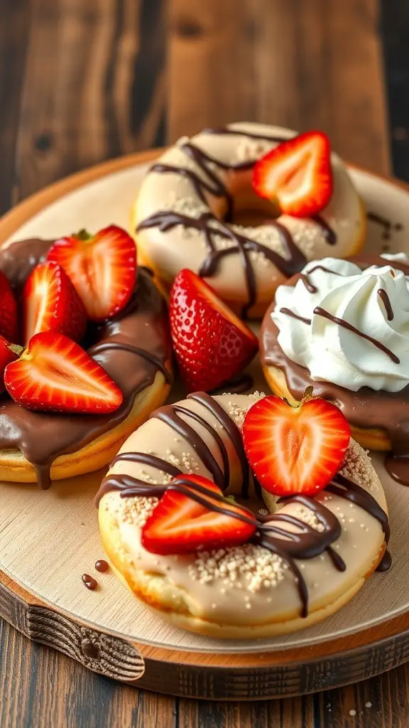 A dessert bagel board featuring bagels topped with chocolate, strawberries, and whipped cream.