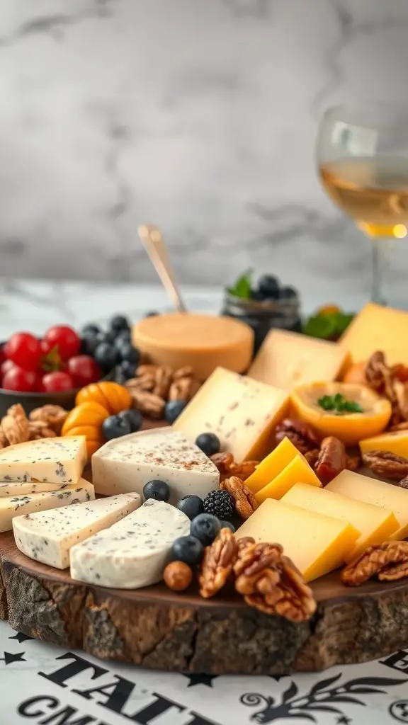 A beautifully arranged gourmet cheese board featuring various cheeses, nuts, and fruits.