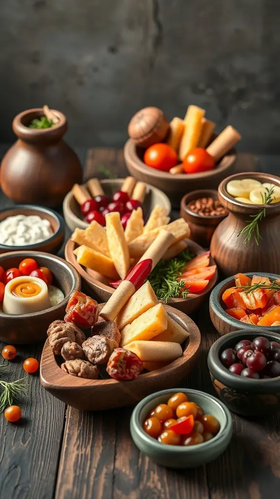 A variety of containers displaying a colorful charcuterie board with cheeses, meats, and vegetables.
