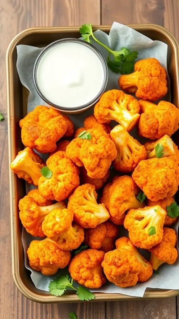 A tray of buffalo cauliflower bites with a bowl of ranch dip