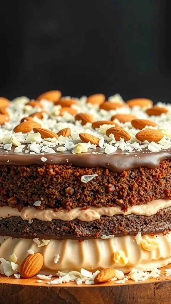 A beautifully layered Almond Joy Cake topped with almonds and shredded coconut.