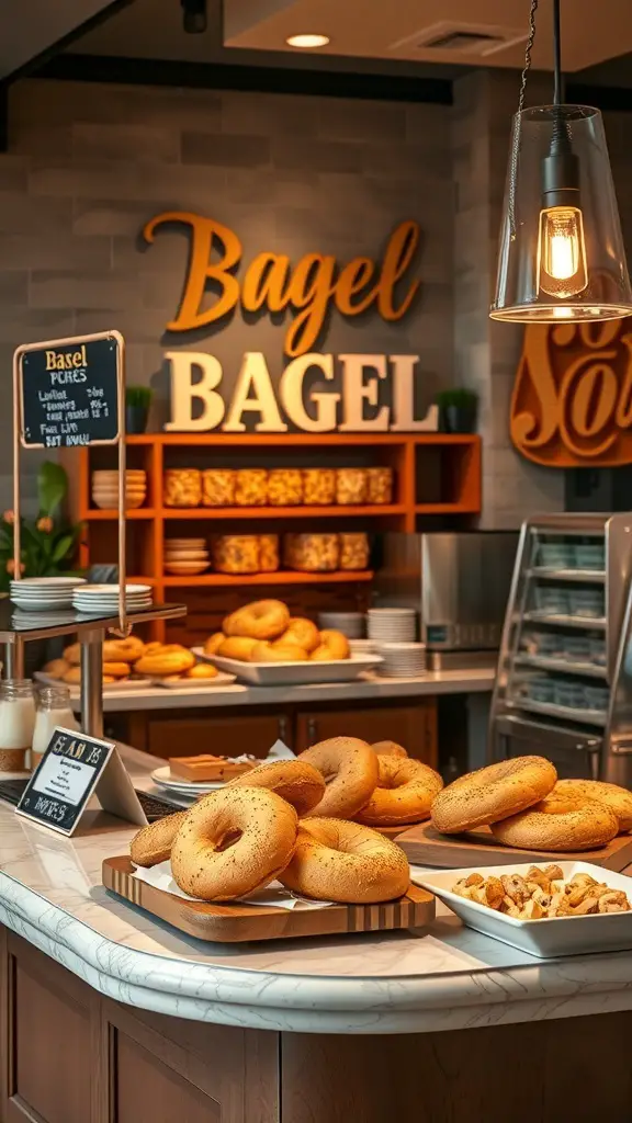 A cozy bagel bar setup with various bagels and toppings displayed.